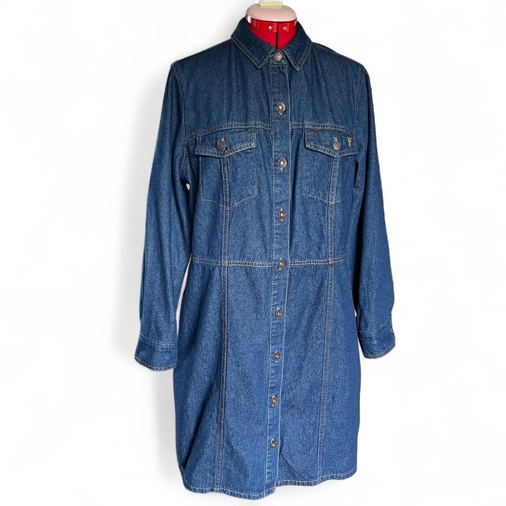 Frye Dark Wash Denim Dress Pockets & Button Front Size Large Western Festival